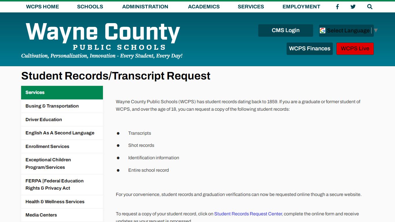 Student Records/Transcript Request - Wayne County Public ...